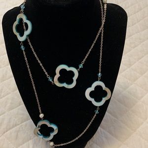 Costume jewelry long necklace turquoise glass 4 leaf clover silver tone chain.
